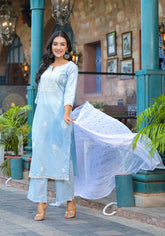 Sky Blue Solid Cotton Kurta Pant And Dupatta Set With Thread Embroidery-P1071SKYBLUE